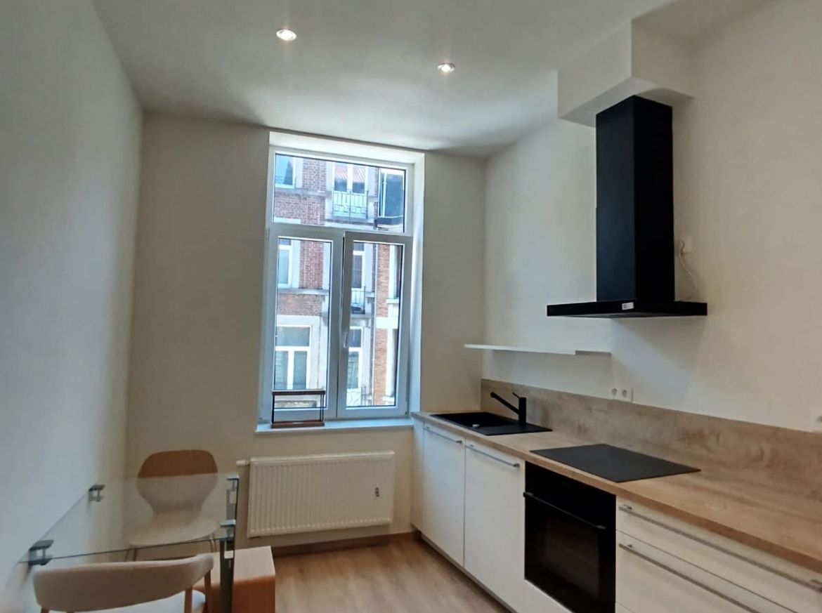 Cuisine après travaux, cloisons et faux plafond neufs, baie agrandie — appartements Liège
